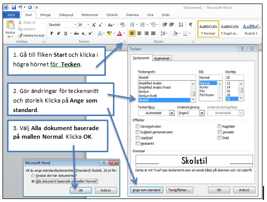 Word Val av typsnitt, radlängd, bakgrundsfärg kan ha stor betydelse för hur man uppfattar texten. I denna del visar jag några inställningar som kan underlätta. Välj typsnitt och ställ in som standard.