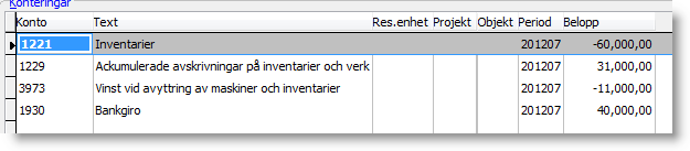 Konteringsexempel avyttring inventarie Inventariegruppens inställning: Inventarie X avyttras med 40 000 kr,