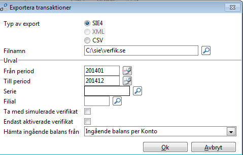 Export (SIE4) Denna funktion exporterar verifikationer till en fil, vanligast är SIE4-fil som kan användas i externa analys- och bokslutsprogram, ofta efterfrågat av revisorer.