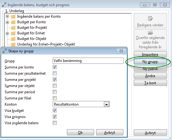 Mer om Grupper Grupper avgör på vilka begrepp (konto, resultatenhet, projekt, objekt, period, filial) gruppen grupperar och summerar. Konto är obligatoriskt i alla grupper, d.v.s. måste markeras.