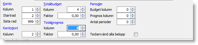 Ange förutsättningar för inläsningsmallen Nästa steg är att ange hur Excel-filen är uppställd. Konto Kolumn Här anges vilken kolumn som kontonumret finns i.