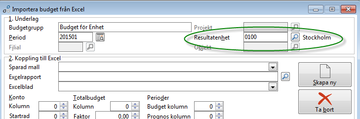 Budget/Prognos per enhet/objekt/projekt/filial I dessa fall behöver Excel-filen inte innehålla någon information om den enhet/objekt/projekt/filial som budgeten ska läsas in till.