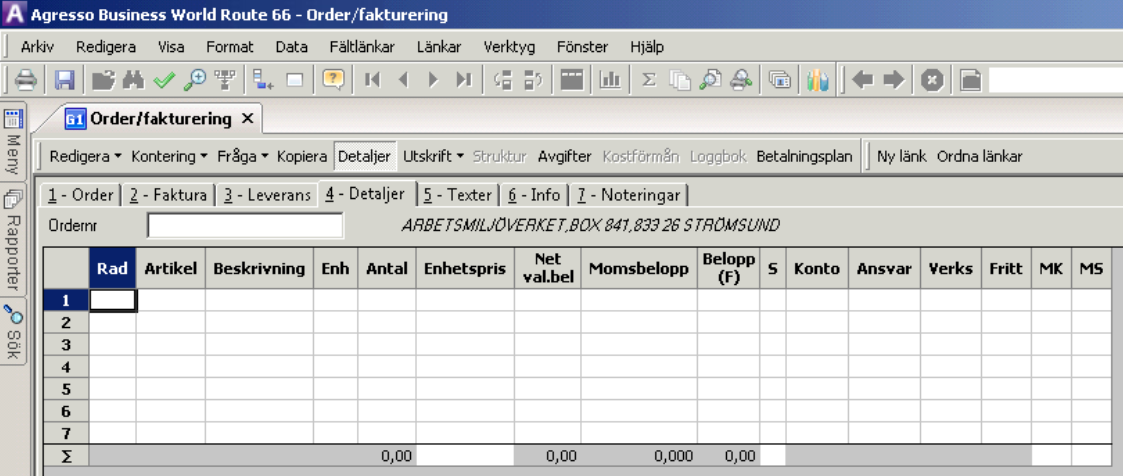 Registrering I flik 4 ska det man sålt registreras. Man måste alltid ange en artikel. Vid enstaka försäljning ska artikeln DUMMY användas. Alla uppgifter kan då skrivas in manuellt. Använd tab.