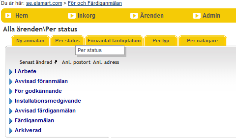 9. Återkoppling från Nätägare Godkänd Godkänd föranmälan kommer tillbaka från nätägaren och sorteras automatiskt med status Installationsmedgivande Avvisad I de fall nätbolagets handläggare saknar