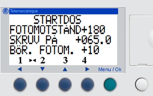 Ändring av önskat värde justerar man med knapp 2 samt 3. För att hoppa mellan olika variabler inom samma meny använder man sig av knapp 4. Valt värde sparas med knappen meny/ok.