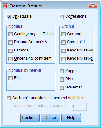 5.4 -TEST (CHITVÅ TEST) För att få fram ett chitvåtest tryck Analyze->Descriptive Statistics->Crosstabs. Lägg sedan till de variabler du vill ha i korstabellen, vilket finns beskrivet i avsnitt 4.1.4. Tryck sedan Statistics.