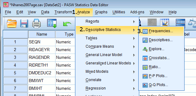 1 INTRODUKTION TILL SPSS Beskrivningar av typen Analyze->Descriptive Statistics->Frequencies kommer vi upprepade tillfällen att användas.
