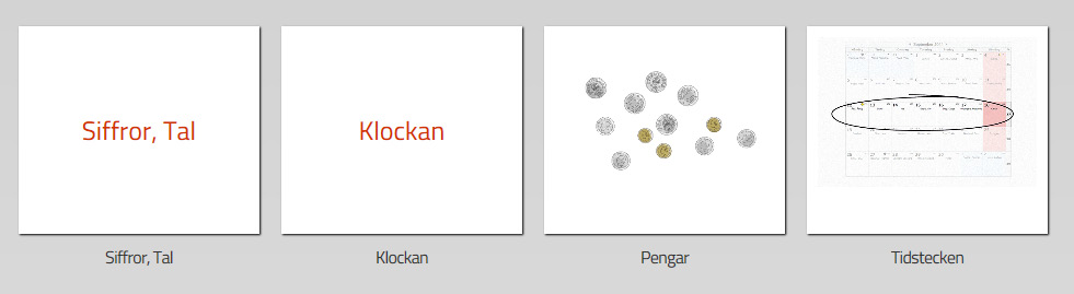 Klockan och Pengar har varsin egen del med tillhörande tecken och övningar.