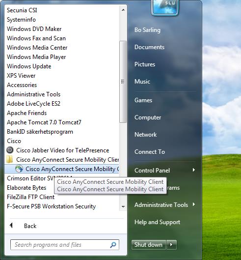 Starta VPN klienten För att starta en VPN session efter att klienten är installerad så söker du efter Cisco AnyConnect klienten i startmenyn och klicka på programikonen Alternativt kan du gå till