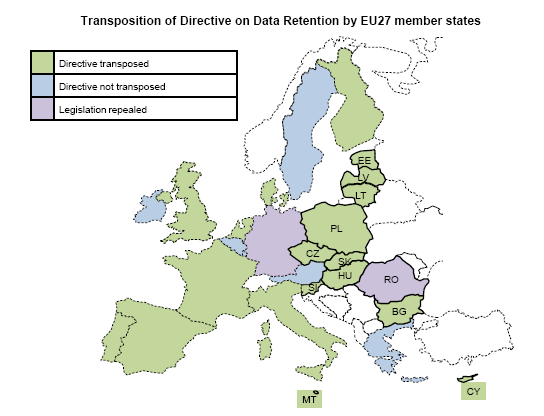 Figur 4 Införlivande av direktivet inom EU:s 27 medlemsstater. Källa: Cullen International, Trafic data retention CEE Table 23. 6.