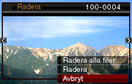 Radering av bilder Om minnet blir fullt kan bilder som inte längre behövs raderas för att utöka lagringsutrymmet och spela in fler bilder. Tänk på att en raderad fil (bild) inte kan återkallas.