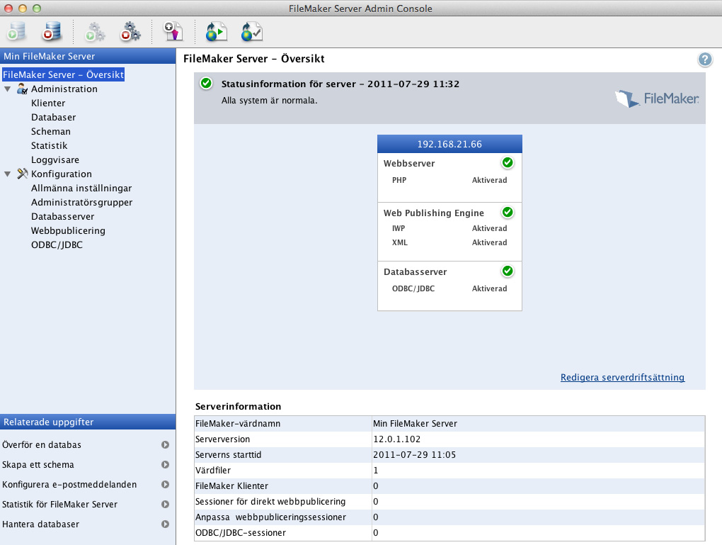 Kapitel 1 Installation - snabbstart 20 25. FileMaker Server Admin Console startar. Klicka på OK i dialogrutan Välkommen.