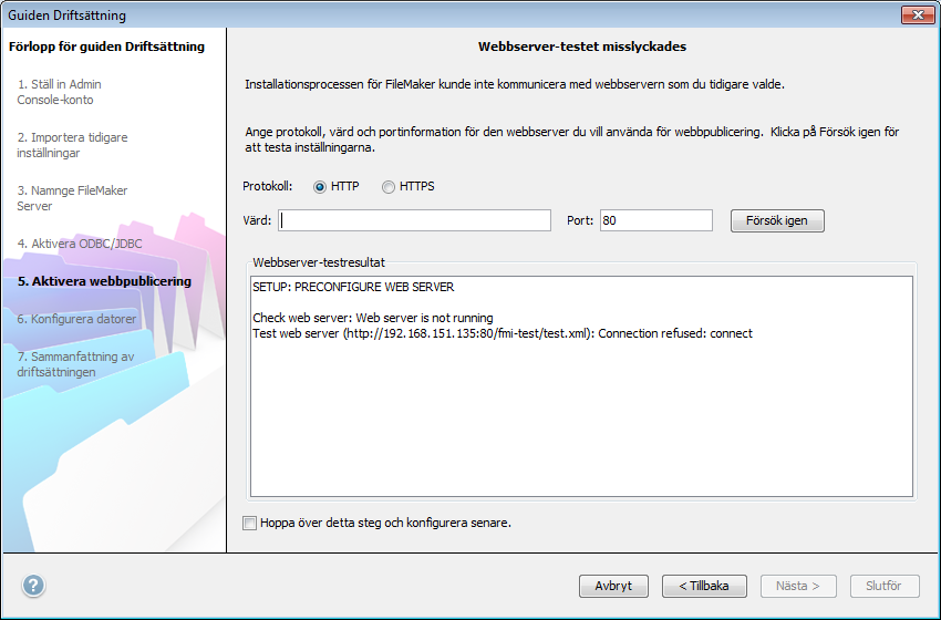 Kapitel 2 Installera FileMaker Server på flera datorer 36 24. Markera en webbserver och klicka på Nästa. De webbservrar som stöds av arbetsdatorerna är tillgängliga. Obs!