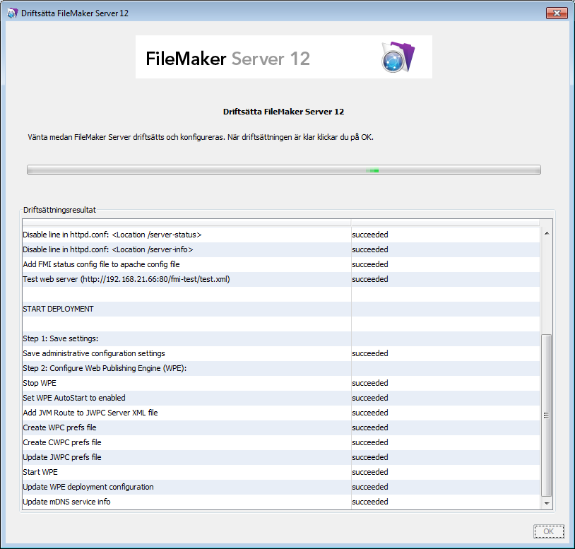 Kapitel 2 Installera FileMaker Server på flera datorer 37 26. En sammanfattning av driftsättningen visas. Klicka på Slutför eller klicka på Tillbaka om du vill ändra några av dina val. 27.