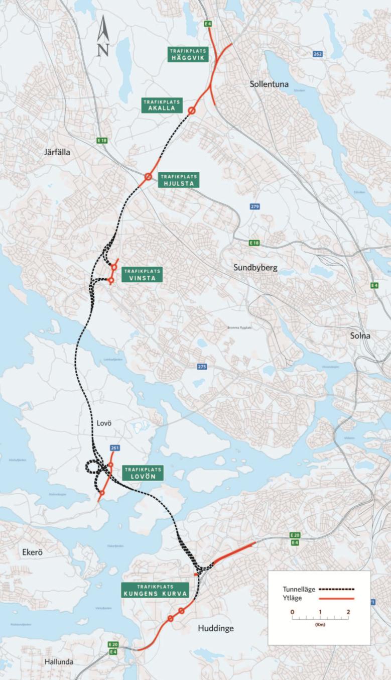 Det här är Förbifart Stockholm Längd: Tunnel: Restid: drygt 21 km drygt 18 km ca 15 min Antal körfält: tre i vardera