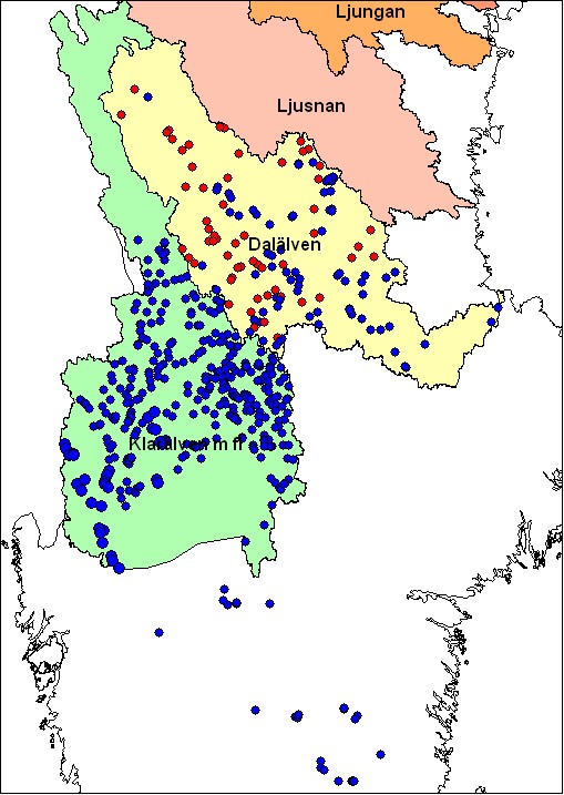 Ljusnan Dalälven Regleringar  (röda DVF-ägda, blå