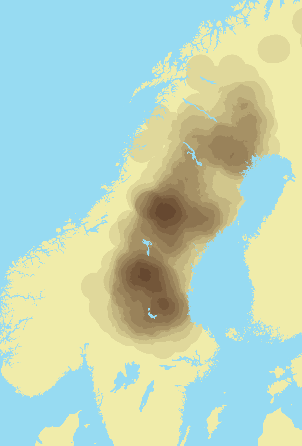 Figur 1. Karta över utbredningen av björn i Skandinavien baserat på insamlad spillning (DNA-inventering). Mörkare färg innebär högre relativt björntäthet.