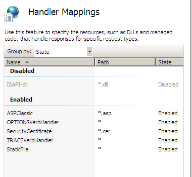 Markera TS-applikationen och kontrollera i Default Documents att Default.asp ligger längs upp och i Handler Mappings att ASPClassic är enabled.