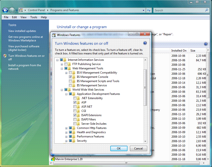 6.1.4 För Vista, Windows 7 (IIS 7) Öppna Programs and Features och klicka på Turn Windows features on or off.