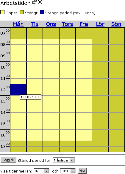 14.2.2.1 Redigera schema Du kan lägga till en stängd period genom att välja dag i rullgardinsmenyn och trycka på Lägg till knappen.