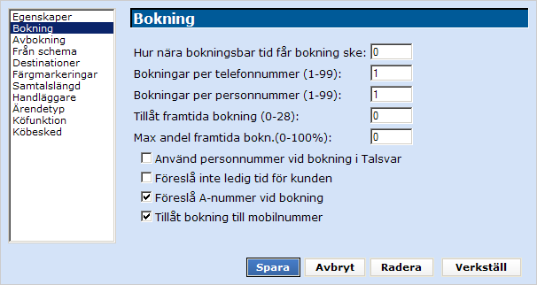 Prefix till handl. ext: Ange prefix som ska användas när systemet ska ringa upp en handläggare. Ska normalt lämnas tomt då handläggarna vanligen sitter "bakom" växeln på en intern anknytning.