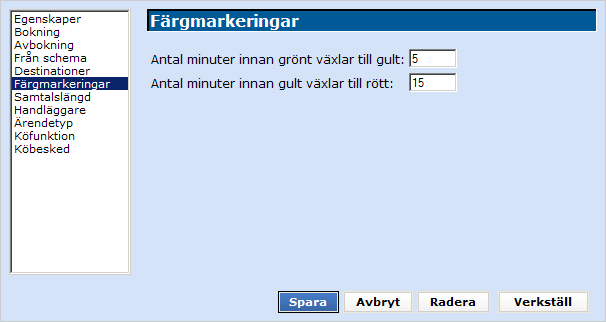 18.2.1.5 Färgmarkeringar Under denna flik anger du hur den färgade ikonen till vänster i samtalslistan i handläggarwebben ska ändra färg för att snabbt ge information till handläggaren hur status på