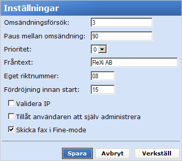 6.3 Inställningar Omsändningsförsök: Anger antal omsändningsförsök som ska göras för det utgående faxet vid ett misslyckat försök, t.ex. vid upptaget.