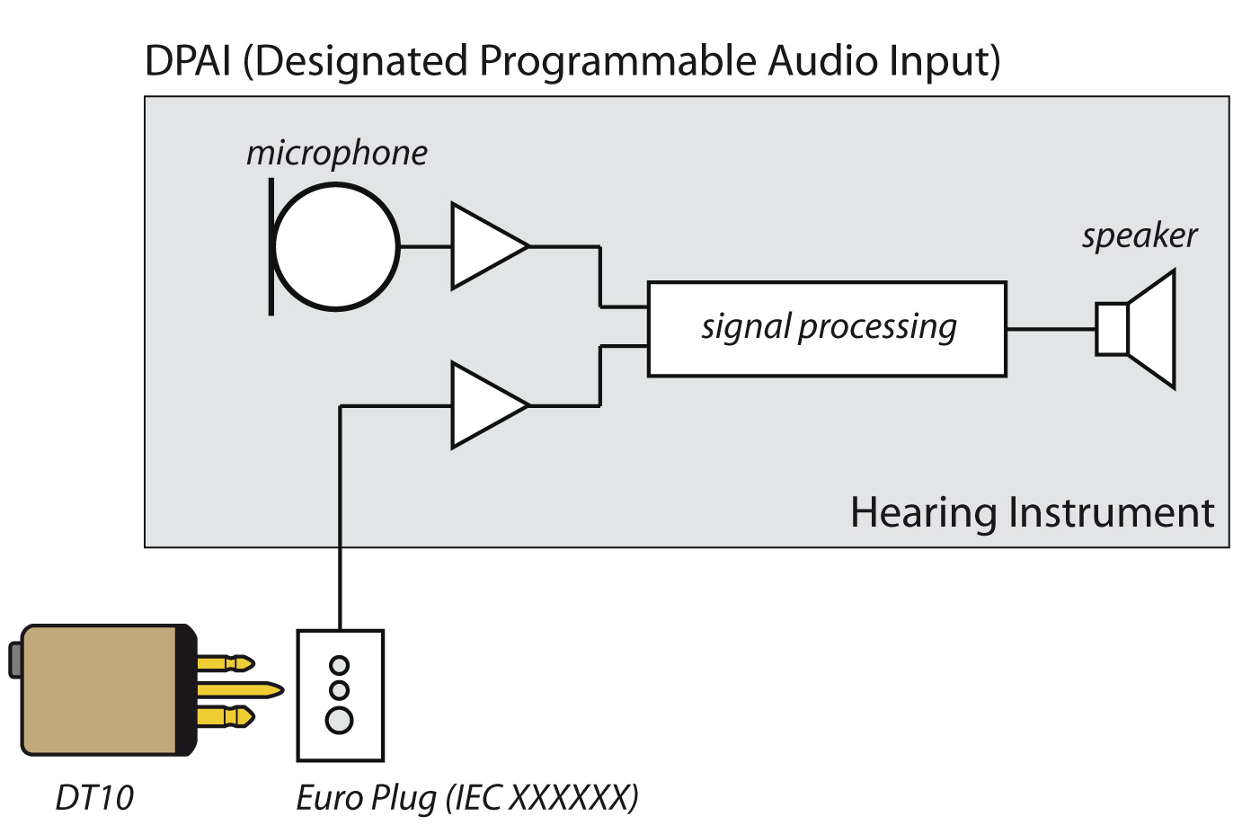 Kontrollera hörapparatens ingång För att kunna använda Receiver DT10 kontrollera om och hur hörapparaten stödjer användning av minimottagare: 1.
