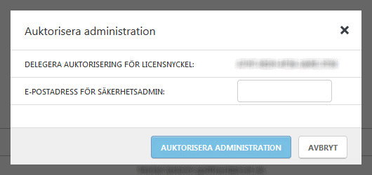 3.3.1 Auktorisera administration Klicka på Auktorisera administration om du vill auktorisera en säkerhetsadministratör att hantera din licens eller dina licenser.