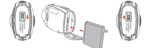 15. Mikrofon in 16. Högtalare 17. 2-inch LCD skärm 18. Integrerad uppspelningsnyckel 19. Batterilucka 20. HDMI utgång 21. Micro SD-hållare 22. Bakre lucka Installering av batteri 1.