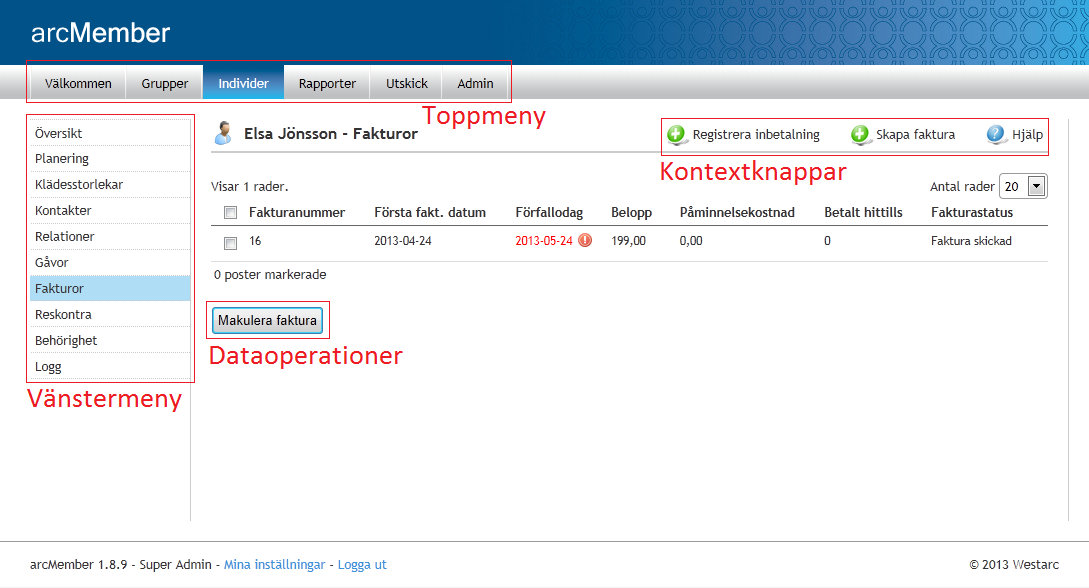 Utöver detta så finns det också kontextknappar som syns i olika lägen. Dessa visar vilka aktuella operationer som kan göras på nuvarande sida.