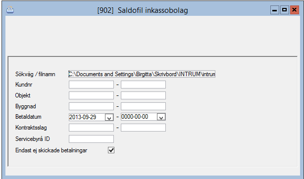 Saldofil inkassobolag I denna fil sparas infromation om vilka betalningar som inkommit på inkssomärkta avier som har meddelats Inkassobolaget, dvs vilka betalningar som meddelats i Saldofilen.
