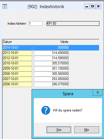 Under beräkna nya hyror finns två alternativ under Övriga funktioner. Det ena är: Uppdatera bastal i hyreskontrakt. När man väljer denna kan man göra urval på indexnummer och datum.