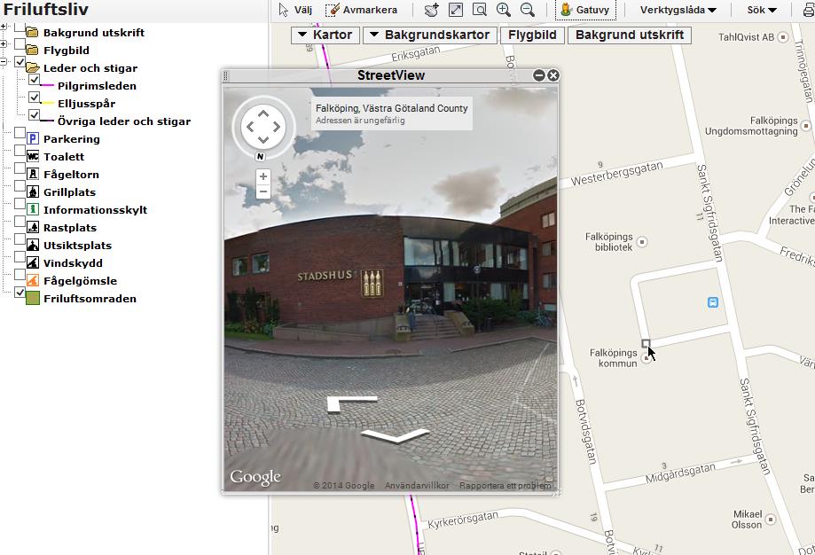 3 H. Google kartvy Klicka på en gata i kartan, ett nytt fönster öppnas som visar gata du klickat på som gatuvy om det finns en.