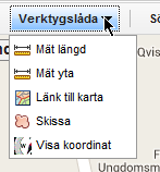 Verktygslåda Innehåller verktyg för att mäta längd, mäta yta, länk till kartan, skissa och visa koordinat. a. Mät längd b. Mät yta c. Länk till karta d. Skissa e. Visa koordinat a.