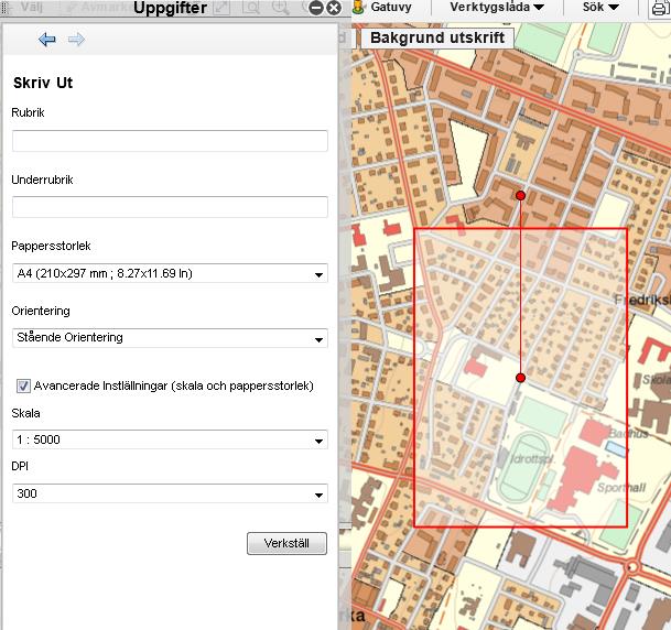 . När inställningar är gjorda tryck på verkställ, kartan skapas som en PDF och öppnas i ett nytt fönster. Uppgiftsfönstret stängs med krysset i hörnet. OBS!