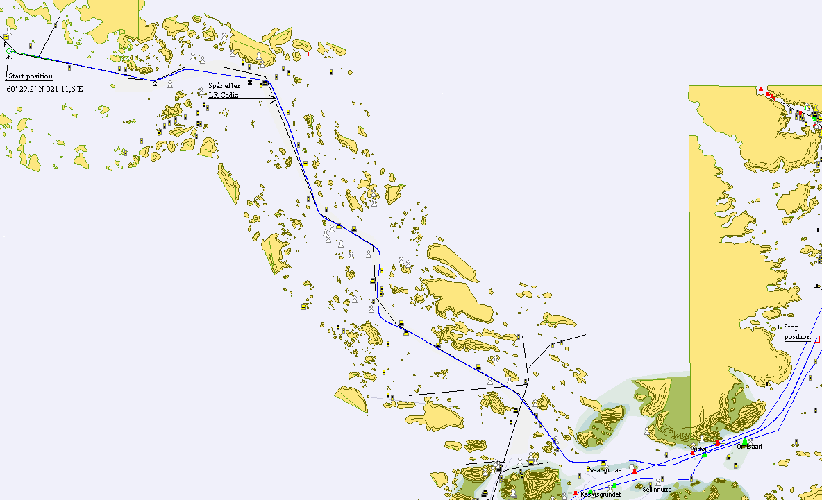 8 4.1 Simulatorkörning 1 (Enskär Nådendal) Simulatorfartyget LR Cadiz befinner sig på positionen 60º 29,2 N 021º11,6 E då övningen börjar med destination Nådendal via Rönngrund. Det är morgon kl.