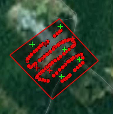 242 bilder, 12 markerade stödpunkter. Röda prickar: tagna foton. Röda kors: ej markerade stödpunkter.