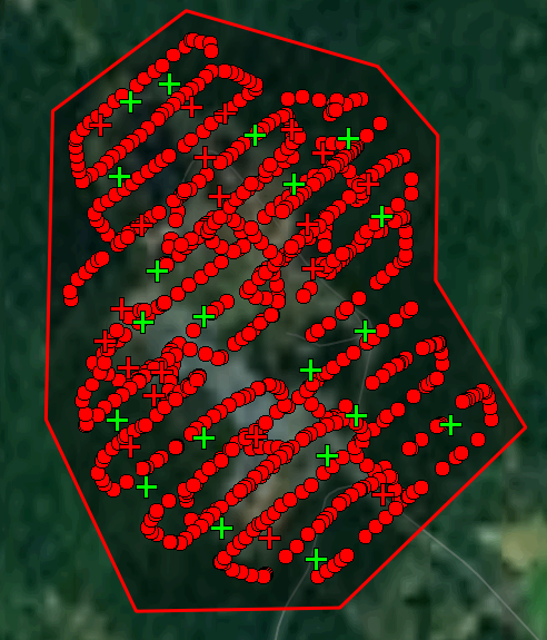 Figur 7. Dataset 1. 682 bilder, 20 markerade stödpunkter. Röda prickar: tagna foton.