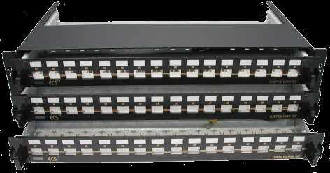 Skärmad kategori 5e-panel, utdragbar Skärmad korskopplingspanel uppbyggd med individuellt löstagbara jack. Horisontellt monterade IDC-plintar.