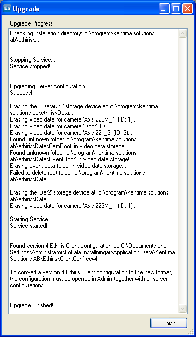 uppgraderingsrutinen hittar en klientkonfiguration så ges ett meddelande om att den konfigurationen måste konverteras manuellt via Ethiris Admin.
