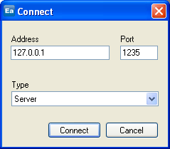 Figur 17 Connectdialogen. Om du sitter på samma dator som där Ethiris Server kör, kan du låta Address stå kvar som 127.0.0.1. Detta är ett alias för den lokala datorn.