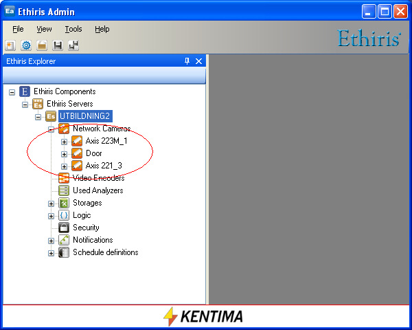Figur 19 Kamerorna finns även i den nya konverterade konfigurationen. Nu kan du göra om proceduren ifall det finns flera Ethiris Server i anläggningen.