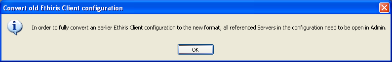 Figur 24 Meddelande om att alla Ethiris Servrar måste vara laddade i Ethiris Admin. Så, då är även klientens konfiguration laddad i Ethiris Admin och redo att sparas.