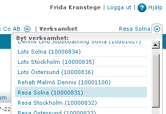 Sid 11 av 28 Bild 13. Exempel på startsida efter inloggning är färdig och du har valt organisationsnummer och verksamhet.