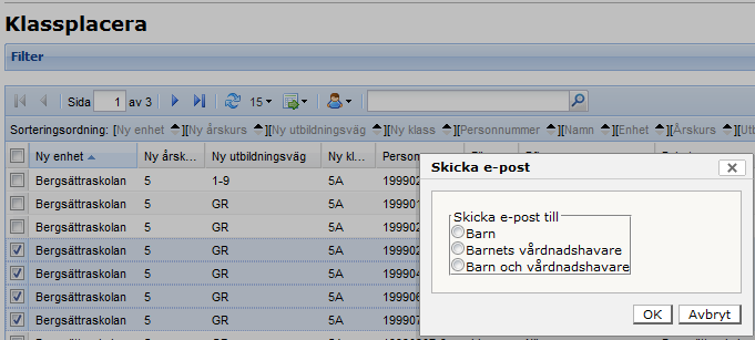 En bekräftasida visas med det antal elever som ska få en definitiv klassplacering, bekräfta att antalet elever är korrekt och slutför den definitiva placeringen genom att trycka på knappen