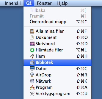 Öppna källfilen för signaturer Stäng Mail och öppna sedan ditt personliga bibliotek genom att starta Finder och klicka sedan på Gå i menyraden. Håll ned alt-knappen och klicka på Bibliotek.