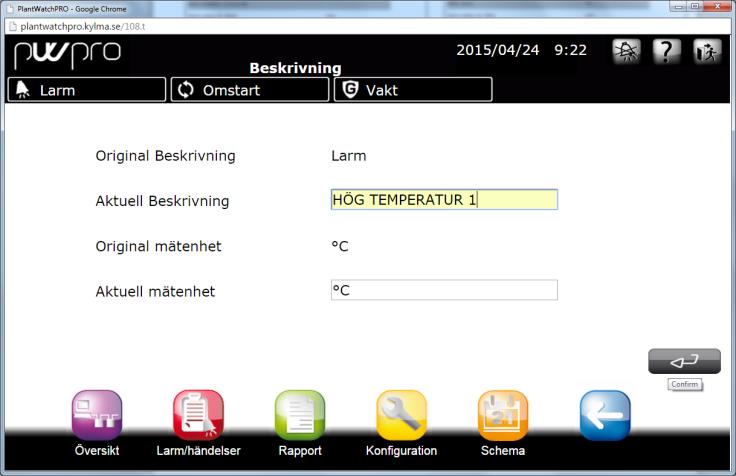 9. Här kan du ändra larmtext och enhet till larmtexten till vad du vill