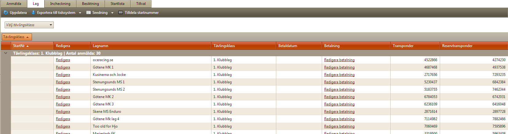 Se anmälda lag Om din tävling hanterar tävlingslag så kommer det att finnas en flik i arrangera-läge med namnet Lag.