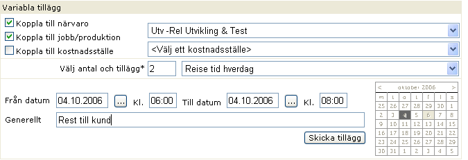 Här kan du registrera dig in på ett jobb eller byta till ett annat jobb under dagen. Välj aktuellt jobb från listan och tryck på knappen för byt jobb.